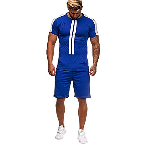 Realdo Big Mens Tracksuit Set,Men's 2 Pcs Casual Solid Stripe Shirt Shorts Sports Thin Athletic Wear (X-Large, Blue)