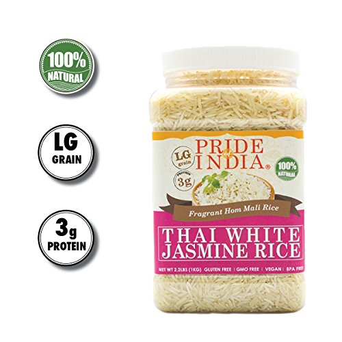 Pride Of India - Thai White Jasmine Rice - Fragrant Hom Mali Rice, 3.3 Pound (1.5 Kilo) Jar (2.2 Pound + Extra 50% Free = 3.3 Pounds Total)