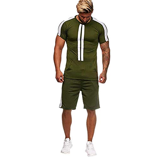 Realdo Big Mens Tracksuit Set,Men's 2 Pcs Casual Solid Stripe Shirt Shorts Sports Thin Athletic Wear (Medium, Green)