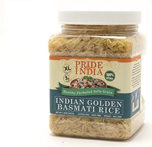 Pride Of India - Extra Long Indian Golden Basmati Rice - Healthy Parboiled Sella Grain, 1.5 Pound Jar