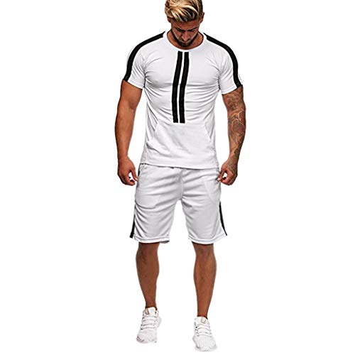 Realdo Big Mens Tracksuit Set,Men's 2 Pcs Casual Solid Stripe Shirt Shorts Sports Thin Athletic Wear (Medium, White)