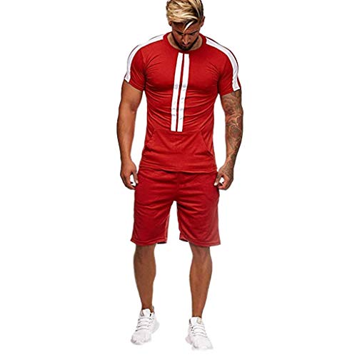 Realdo Big Mens Tracksuit Set,Men's 2 Pcs Casual Solid Stripe Shirt Shorts Sports Thin Athletic Wear (Large, Red)