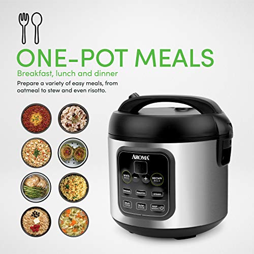 Aroma Housewares ARC-994SB Rice & Grain Cooker Slow Cook, Steam, Oatmeal, Risotto, 8-cup cooked/4-cup uncooked/2Qt, Stainless Steel & Aroma 6-cup 1.5 Qt. One Touch Rice Cooker, White, 1.5 Qt.