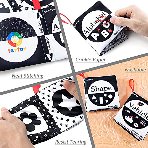 My First Soft Book,teytoy Nontoxic Fabric Baby Cloth Activity Crinkle Soft Black and White Book for Infants Boys and Girls Early Educational Toys Perfect for Baby Shower -Pack of 6
