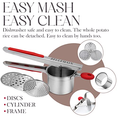 Top Rated Bellemain Stainless Steel Potato Ricer with 3 Interchangeable Fineness Discs-Full 2-Year Warranty