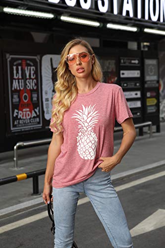 Women's Summer Pineapple Printed T Shirt Casual Short Sleeve Tops Girls Graphic Tees Size L (Red)