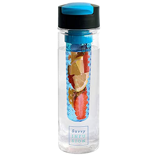 Savvy Infusion Flip Top Fruit Infuser Water Bottle - Unique Leak Proof Lid for Hikes, Outdoors - Dishwasher Safe made with Tritan Shatter Proof Plastic - Great Gifts for Women - 24 Ounces Blue