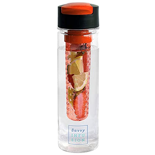 Savvy Infusion Flip Top Fruit Infuser Water Bottle - Unique Leak Proof Lid for Hikes, Outdoors - Dishwasher Safe made with Tritan Shatter Proof Plastic - Great Gifts for Women - 24 Ounces Coral