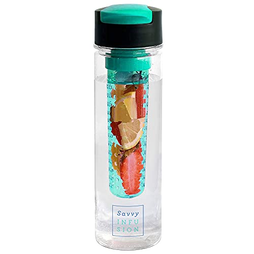 Savvy Infusion Flip Top Fruit Infuser Water Bottle - Unique Leak Proof Lid for Hikes, Outdoors - Dishwasher Safe made with Tritan Shatter Proof Plastic - Great Gifts for Women - 24 Ounces Teal
