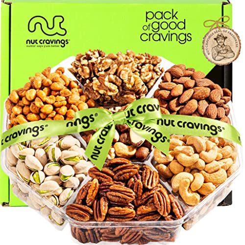 Mothers Day Nut Gift Basket + Green Ribbon (7 Piece Assortment, 1 LB) - Prime Arrangement Platter, Birthday Care Package Variety, Healthy Food Tray, Kosher Snack Box for Mom, Women, Men, Adults