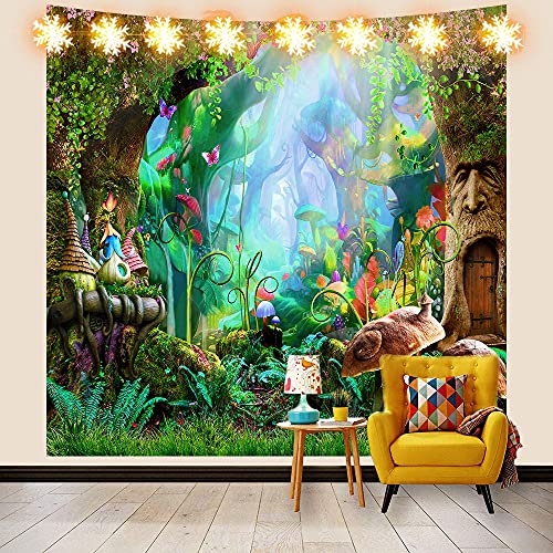 Aidatain Psychedelic Plant Forest Tapestry Fantasy Mushroom Tree House Wonderland World Tapestries Flannel Medium Size 60" 60" for Bedroom Living Room GTWHAT1046