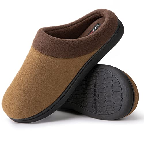 HomeIdeas Men's House Woolen Fabric Memory Foam Slippers, Cozy Bedroom Indoor/Outdoor Slip on Shoes with Durable Rubber Sole (Size 9-10 D(M) US, Camel)