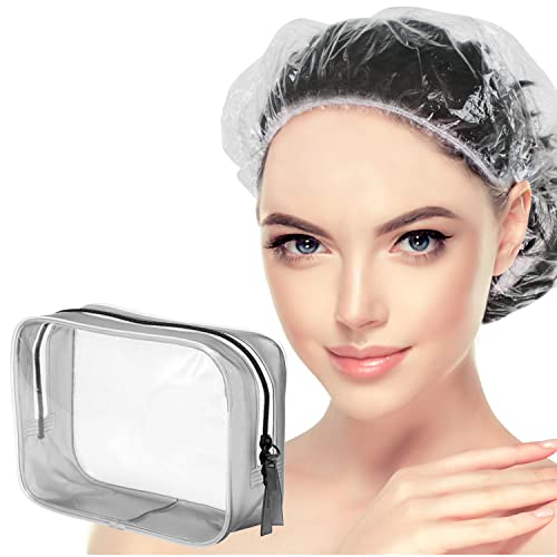 Auban Travel Essentials Toiletry Bag & 100 Pcs Disposable Shower Caps Waterproof Shower Accessories Set, Travel Accessories Convinient to Pack Wet Stuff Plastic Clear Makeup Bags for Traveling, Large Hair Cap for Women