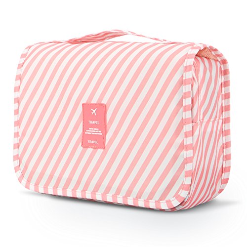 Mossio Hanging Toiletry Bag - Large Cosmetic Makeup Travel Organizer for Men & Women with Sturdy Hook (Pink Striped)