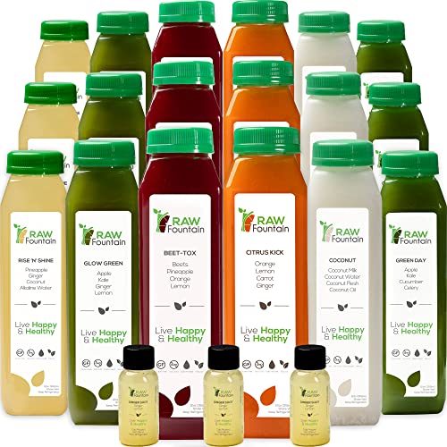 3 Day Juice Cleanse by Raw Fountain , All Natural Raw, Cold Pressed Fruit and Vegetable Juices, Detox Cleanse, 18 Bottles 16oz, 3 Ginger Shots
