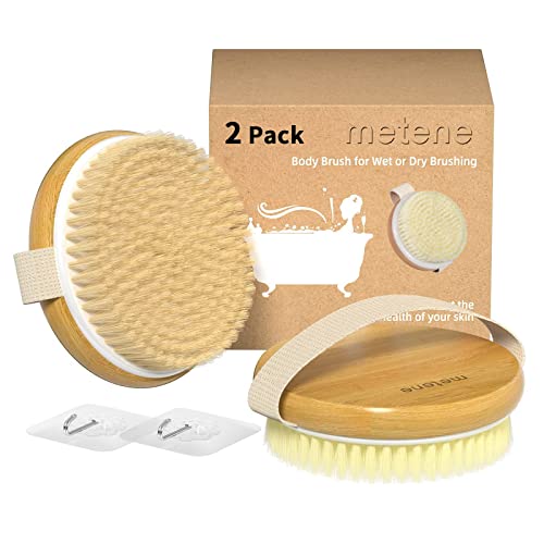Metene 2 Pack Bamboo Dry Body Brushes, Shower Brush Wet and Dry Brushing, Dry Brush for Cellulite and Lymphatic, Body Scrubber with Soft and Stiff Bristles, Suitable for All Kinds of Skin