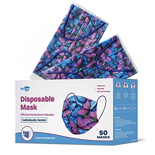 WECARE Disposable Face Mask Individually Wrapped - 50 Pack, Butterfly Print Masks - 3 Ply