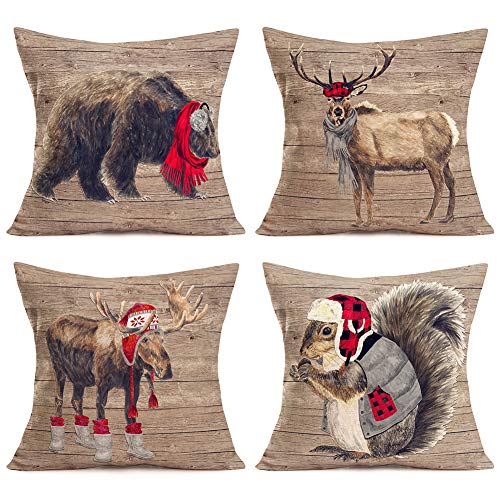 Xihomeli 4 Pack Rustic Wood Pillow Cases Bear Elk Reindeer Squirrel Wear Red Hat Scarf Christmas Pillow Cover, Winter Animal, Merry Christmas Cotton Linen Cushion Cover 18" x 18" (4 Pack Xmas Animal)