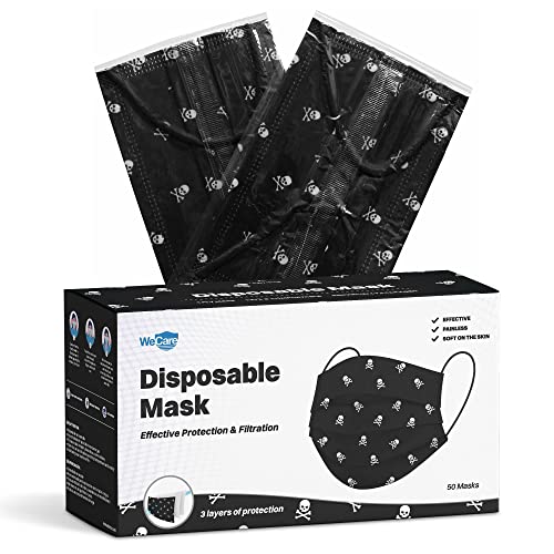 WECARE Disposable Face Mask Individually Wrapped - 50 Pack, Skull and Bones Print Masks - 3 Ply