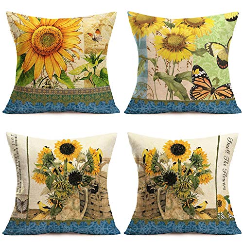 Xihomeli Retro Sunflower Series Farmhouse Decorative Throw Pillow Covers Vintage Flower Floral Butterfly Bird Cotton Linen Smell The Flowers Quote Cushion Case 18âx18â Set of 4 (Little Sunshine)