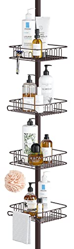 SeiriOne Tension Corner Shower Pole Caddy, Rustproof Stainless Steel, 4 Tier Adjustable Baskets for Organizing Hand Soap, Body Wash,Oil Bronze