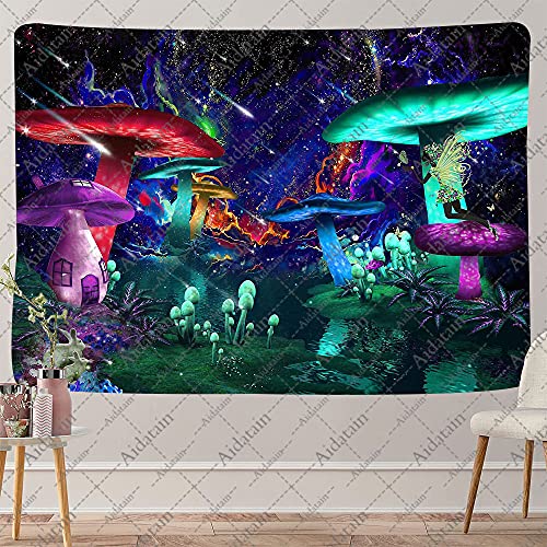 Aidatain Colorful Mushroom Forest Tapestry Psychedelic Starry Night Rabbit Mushroom House Tapestry Flannel Small Size 60x 40 Inches Tapestry for Bedroom Living Room GTWHAT599