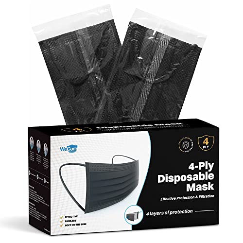 WECARE Disposable Face Mask Individually Wrapped - 50 Pack, Black 4 Ply Masks