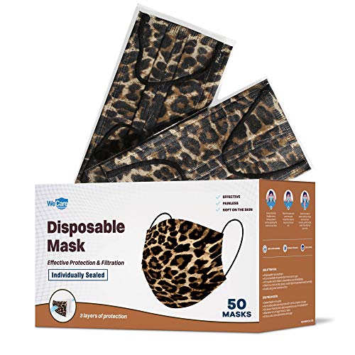 WECARE Disposable Face Mask Individually Wrapped - 50 Pack, Leopard Print Masks - 3 Ply