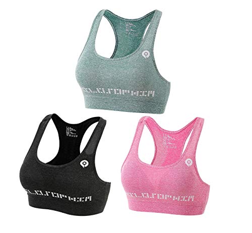 Sport Workout Bra for Women Racerback 3 Pack Yoga Fitness Exercise Gym Padding Bras Set (Green+Grey+Pink, L)