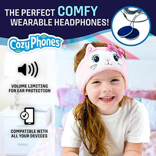 CozyPhones Over The Ear Headband Headphones - Kids Headphones Volume Limited with Thin Speakers & Super Soft Stretchy Headband - Pink Kitty