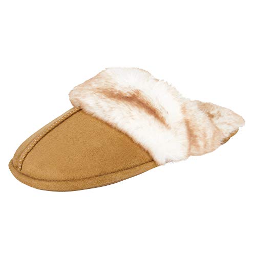 Jessica Simpson Women's Comfy Faux Fur House Slipper Scuff Memory Foam Slip on Anti-Skid Sole, Tan, Large