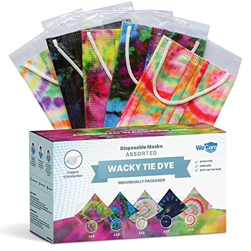 WECARE Disposable Face Mask Individually Wrapped - 50 Pack, Assorted Wacky Tie Dye Masks - 3 Ply