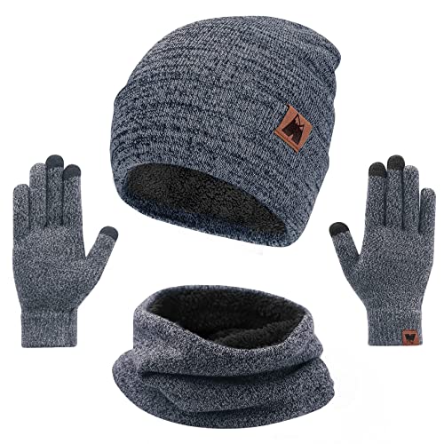 mysuntown Hat Scarf and Glove Set, Women Winter Hats 3-Piece, Beanie Neck Warmer and Touchscreen Gloves for Men (Grey)