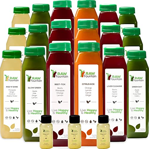5 Day Juice Cleanse by Raw Fountain, All Natural Raw, Cold Pressed Fruit and Vegetable Juice, Detox Cleanse, 30 Bottles 16oz, 5 Ginger Shots