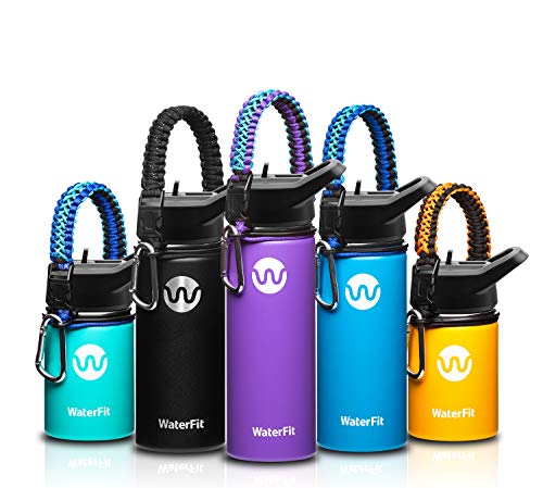 WaterFit Vacuum Insulated Water Bottle - Double Wall Stainless Steel Leak Proof BPA Free Sports Wide Mouth Water Bottle - Travel Straw Lid - 12oz 16oz 20oz -5 Colors with Paracord Handle