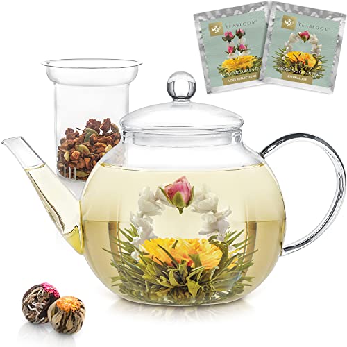 Teabloom Stovetop & Microwave Safe Glass Teapot (40 OZ) with Removable Loose Tea Glass Infuser â Includes 2 Blooming Teas â 2-in-1 Tea Kettle and Tea Maker