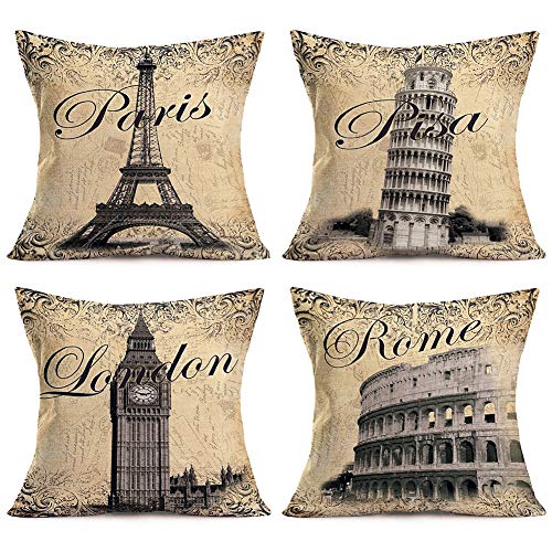 Xihomeli 4 Pack Famous National Buildings Decorative Pillow Cases London Big Ben/Paris EiffelÂ Tower/Leaning Tower of Pisa/TheÂ RomanÂ Colosseum Cotton Linen Pillow Cover 18" x 18" (4PC Famous Buildings)
