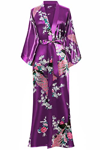 BABEYOND Women's Kimono Robe Long Robes with Peacock and Blossoms Printed Kimono Outfit (Dark purple)