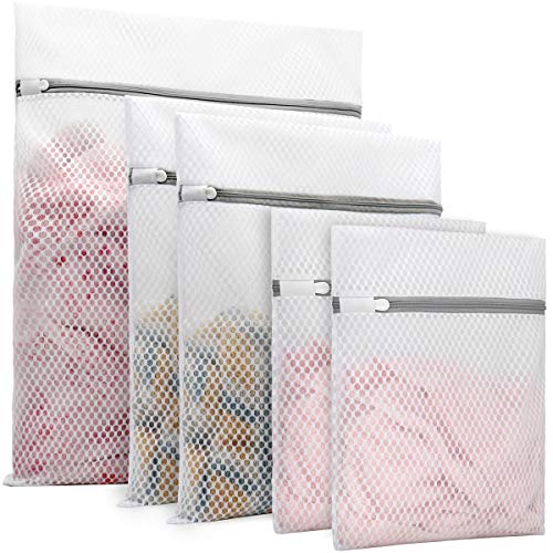 5Pcs Durable Honeycomb Mesh Laundry Bags for Delicates (1 Large 16 x 20 Inches, 2 Medium 12 x 16 Inches, 2 Small 9 x 12 Inches)