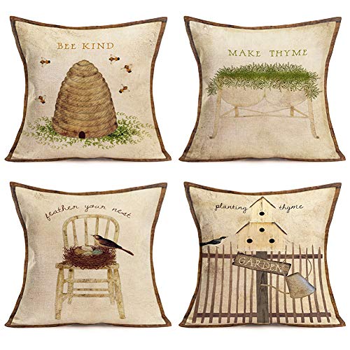 Xihomeli Set of 4 Vintage Garden Style Cotton Linen Pillow Cases Bee Honeycomb/Herb Thyme/Birdâs Nest/Wood Fence with Frame Decorative Pillow Cover Farmhouse Cushion Cover 18" x 18" (4 Pack Garden)