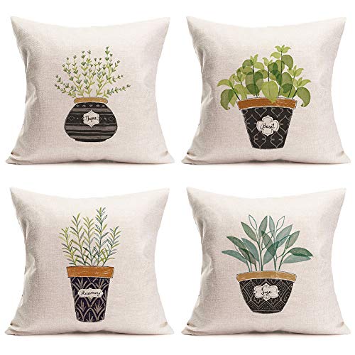 Xihomeli 4 Pack Green Plants Decoration Throw Pillow Case Bonsai Potting Hand Painting Cushion Covers Cotton Linen Pillow Covers Home Decorative 18 x 18 Inches for Sofa Couch Bed (4 Pack Bonsai)