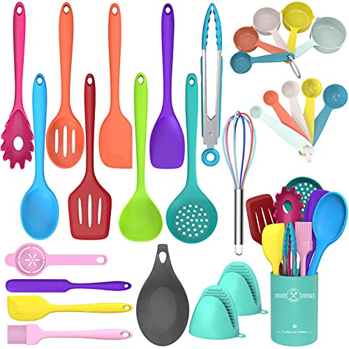 Silicone Cooking Utensils Set, 28Pcs Non-Stick Heat Resistant Kitchen Utensils Spatula Set for Baking, Cooking, and Mixing, Best Kitchen Gadgets Tools, One Piece Design