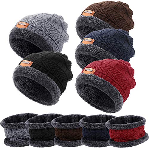 Winter Beanie Hat Scarf Set Fleece Lined Warm Knit Skull Cap and Scarf for Men Women Multi-Color (Black, Grey, Wine Red, Navy Blue, Coffee, 5)