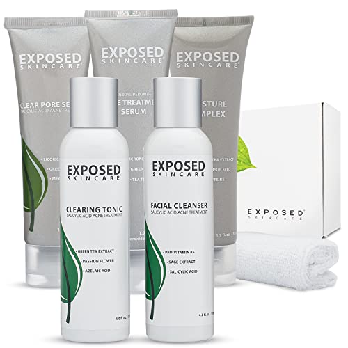 Exposed Skin Care Expanded Acne Treatment Kit - Includes Salicylic Acid Face Wash, Clearing Tonic, Treatment Serum with Benzoyl Peroxide, Clear Pore Serum, Moisture Complex - Made for All Skin Types