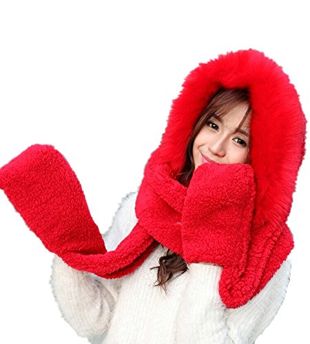 Winter Warm Women Hoodie Gloves Pocket Earflap Hat