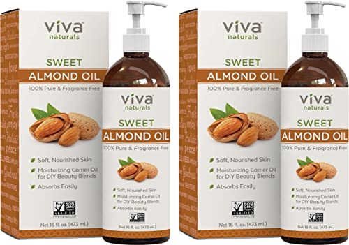 Almond Oil (16 oz); Sweet Almond Oil for Skin or Almond Oil for Hair, The Perfect Natural Body Oil for Women, Great as Unscented Massage Oil (Pack of 2)