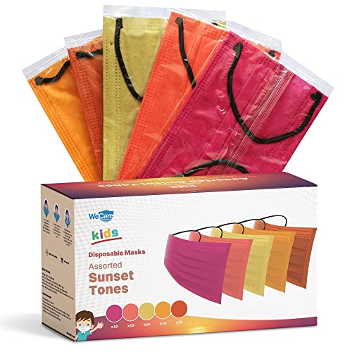 WeCare Disposable Face Masks For Kids, 50 Assorted Sunset Tone Solid Color Print Face Masks, Individually Wrapped