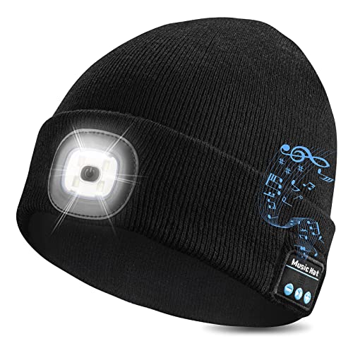 GAFres Unisex Bluetooth Beanie Hat with Light,Upgraded Musical Knitted Cap with Headphone & Mic,Gifts for Men Women Black