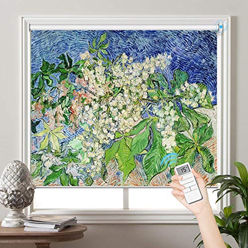PASSENGER PIGEON Motorized Window Blinds, Blossoming Chestnut Branches, by Vincent Van Gogh, Blackout Patterned Roller Shades with Valance, Light Filtering Cordless Shades for Windows, Doors