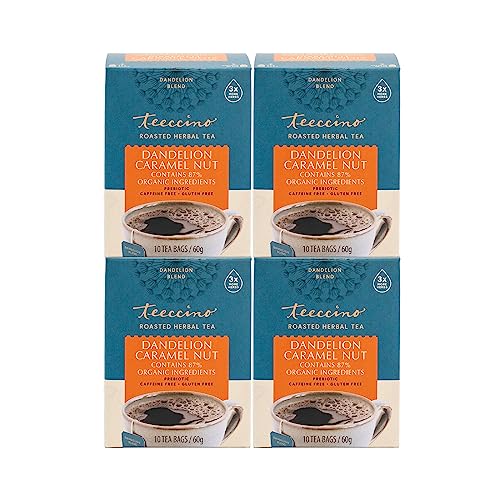 Teeccino Caramel Nut Dandelion Tea - Rich & Roasted Herbal Tea Thatâs Caffeine Free & Prebiotic with Detoxifying Dandelion Root, 10 Tea Bags (Pack of 4)